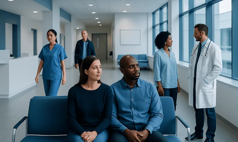 Patients waiting in a hospital corridor with medical staff nearby.