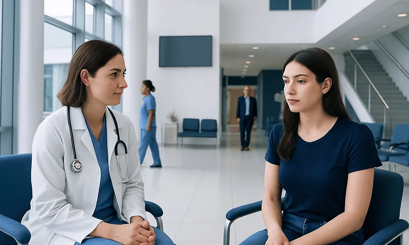 Doctor consulting a young woman in a hospital lobby.