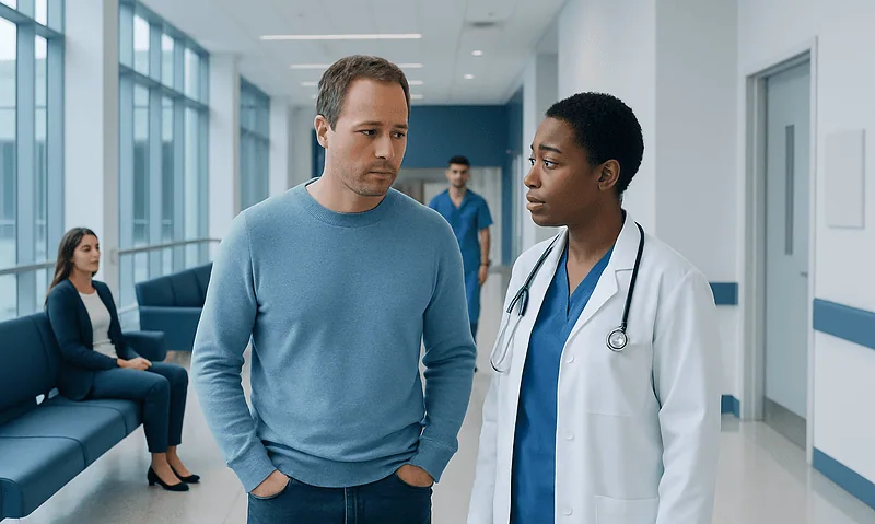 Patient talking to doctor in hospital corridor.