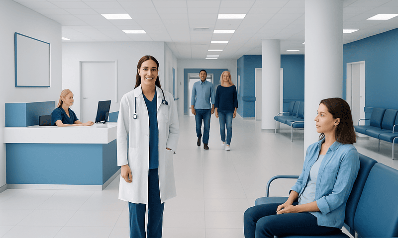Healthcare professionals and patients in a modern hospital corridor.