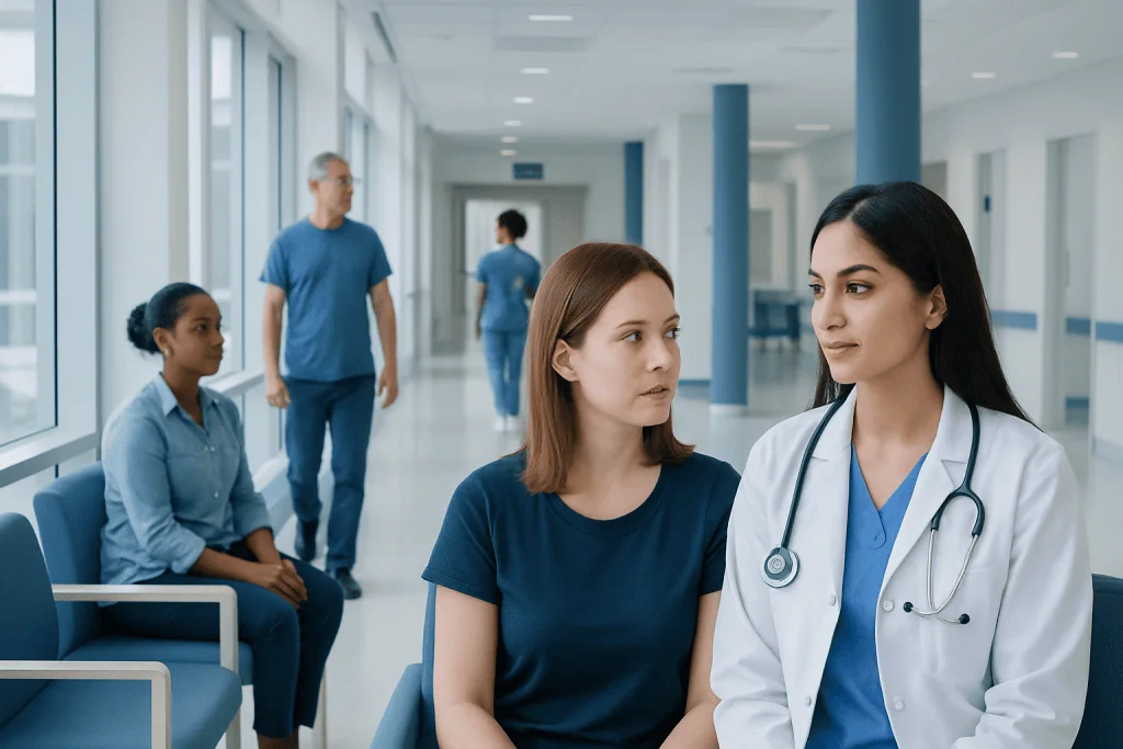 How to Induce Period? A Doctor-Reviewed Answer 1 Medical consultation in hospital corridor with doctor and patients.