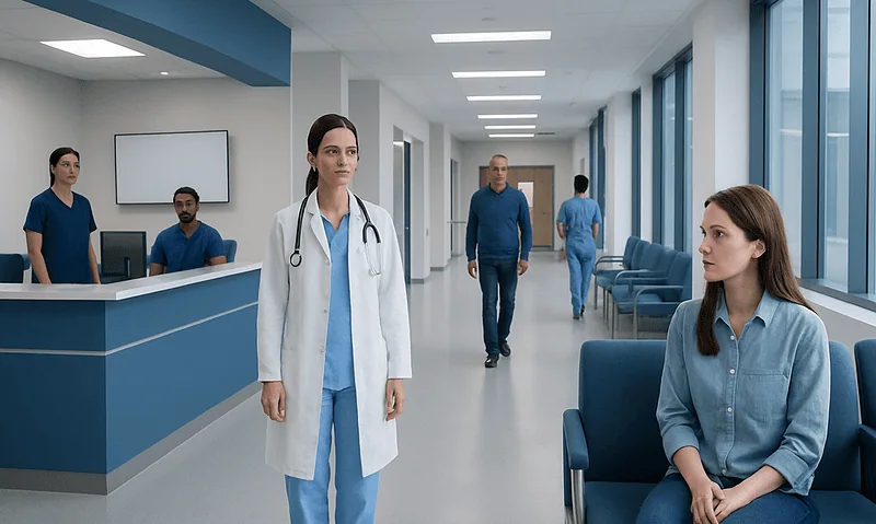 Medical professionals and patients in a modern hospital corridor.