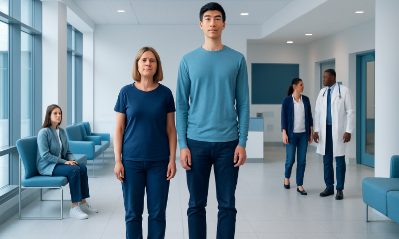 Young man and woman standing in hospital corridor with medical staff in background.