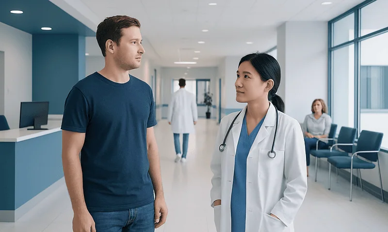 Patient consulting with a doctor in a modern hospital corridor.