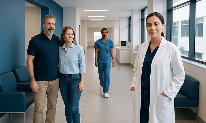Medical team in hospital corridor with doctor and staff members.
