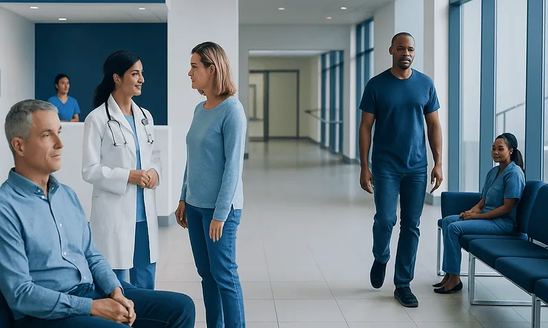 Patients and doctor in hospital corridor at Acibadem Hospitals Group.