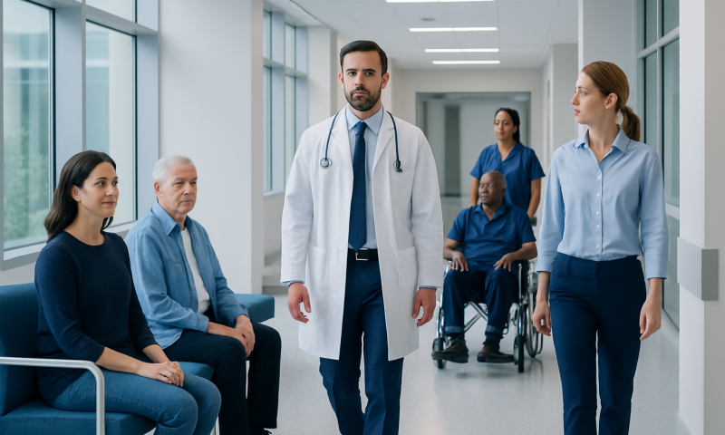 Medical team consulting with patients in hospital corridor.