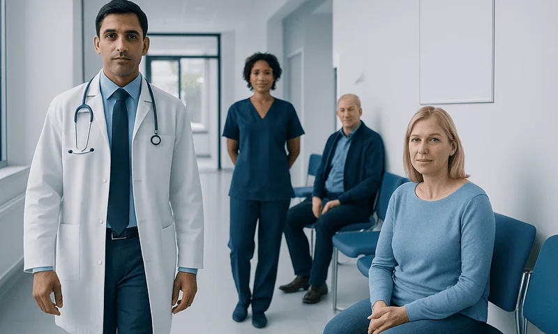 Medical team in hospital corridor with patient and doctors.