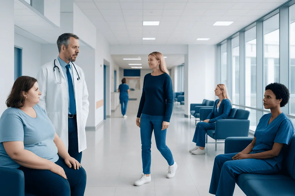 How to Lose Weight in Without Exercise? A Doctor-Reviewed Answer 1 Doctor consulting with patients in hospital corridor.