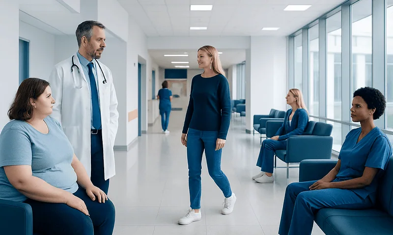 Doctor consulting with patients in hospital corridor.