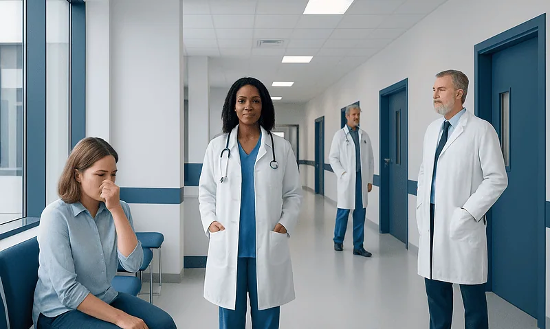 Medical professionals and a patient in a hospital corridor.
