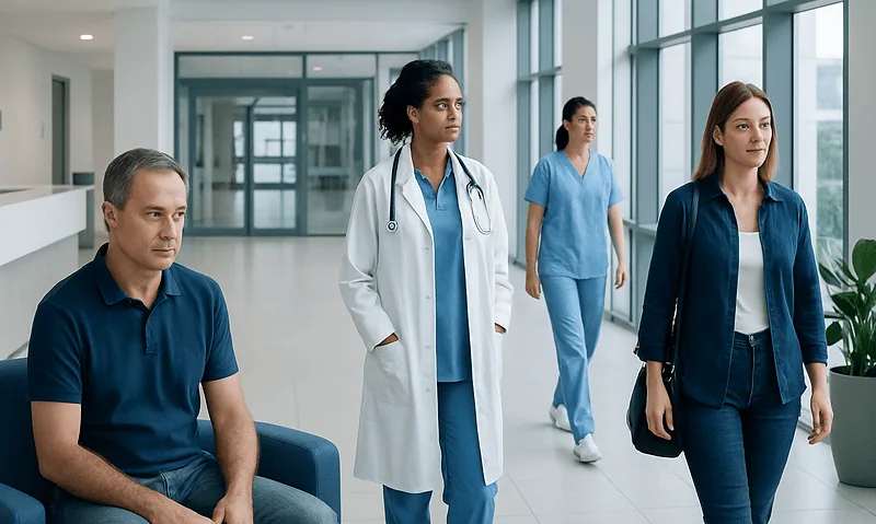 Medical professionals and patient in hospital corridor at Acibadem Hospitals Group.