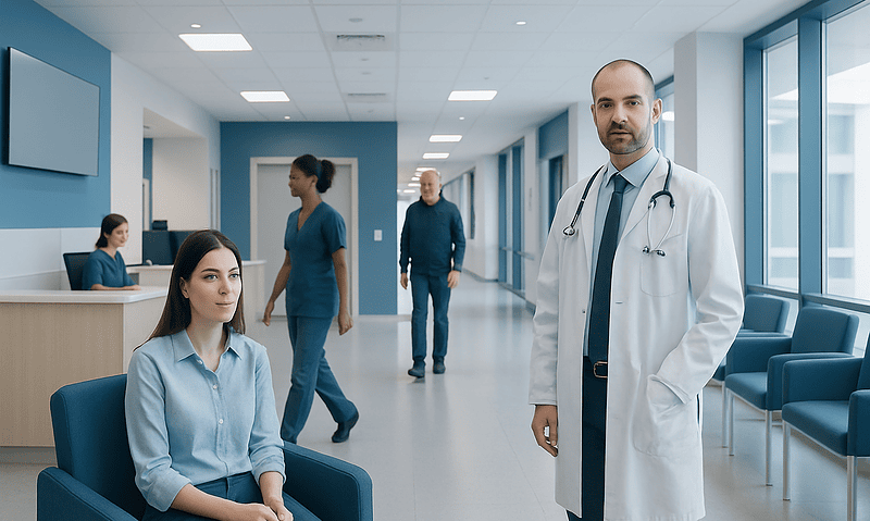 Medical professionals and patient in a modern hospital corridor.