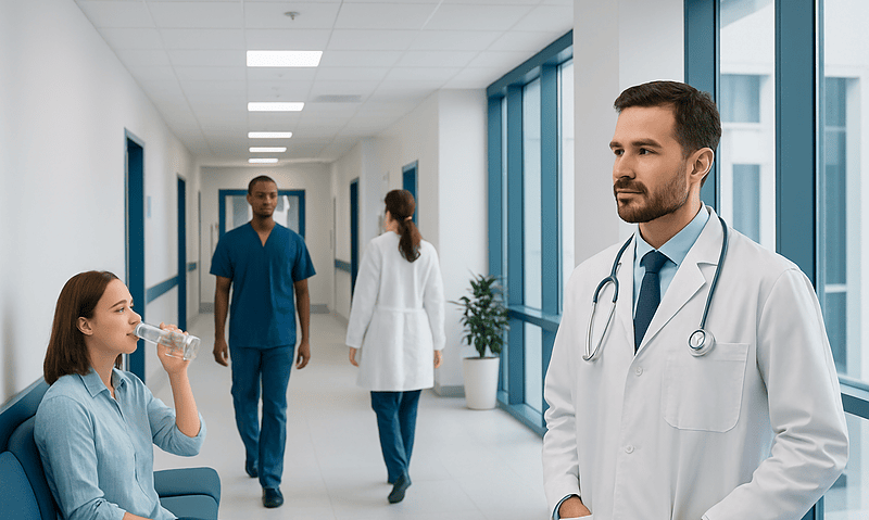 Doctor consulting a patient in a hospital corridor with medical staff in background.