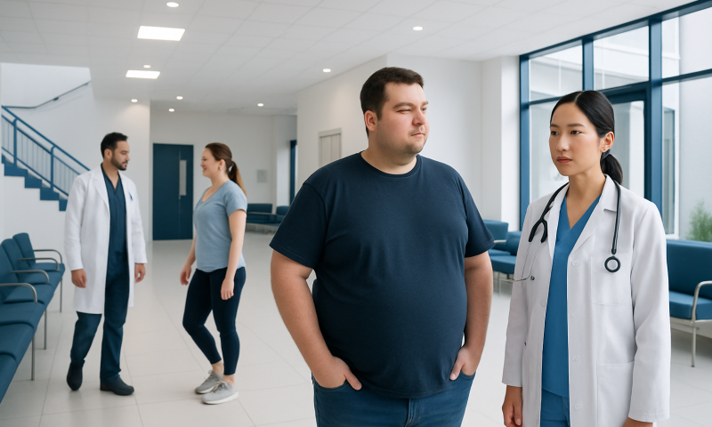 Doctor consulting a patient in a hospital corridor with other staff in background.