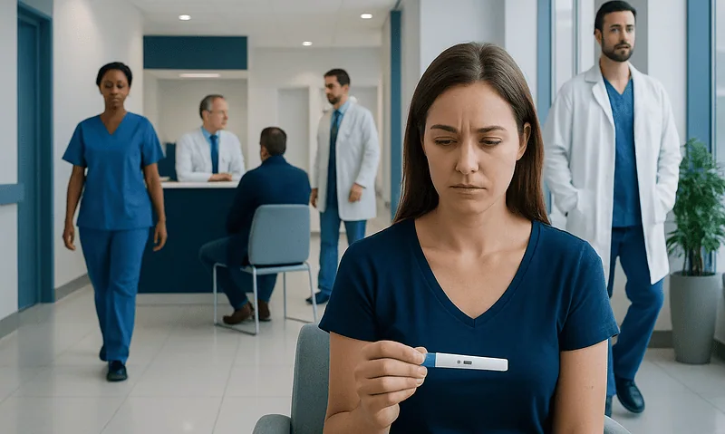 Concerned woman waiting for pregnancy test results at hospital.