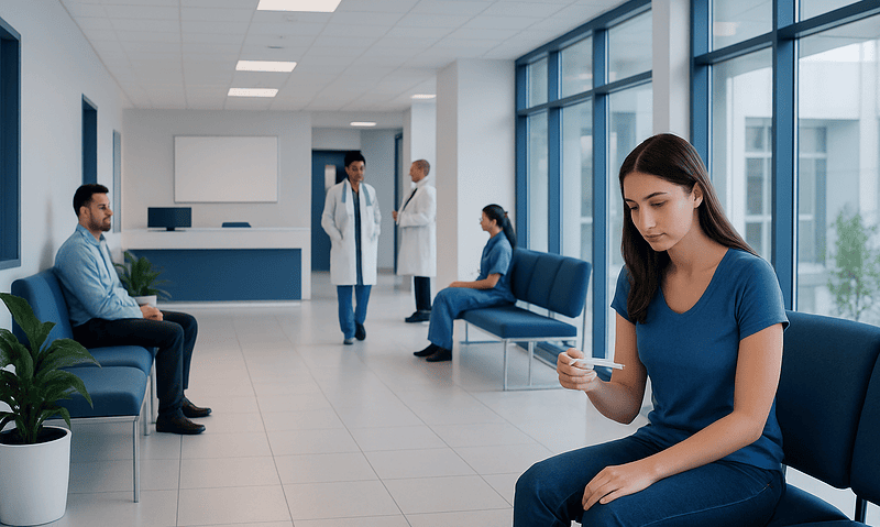 Can You Take a Pregnancy Test on Your Period? Here Is What the Evidence Says 13 Young woman waiting in a hospital corridor using her phone.