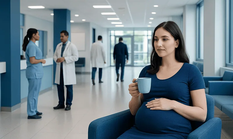 Decaf Coffee for Pregnant Woman Explained: Causes, Management, and When to See a Doctor 15 Pregnant woman waiting in hospital lobby with coffee, healthcare professionals in background.