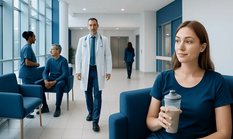 Healthcare professionals and patient in a modern hospital waiting area.