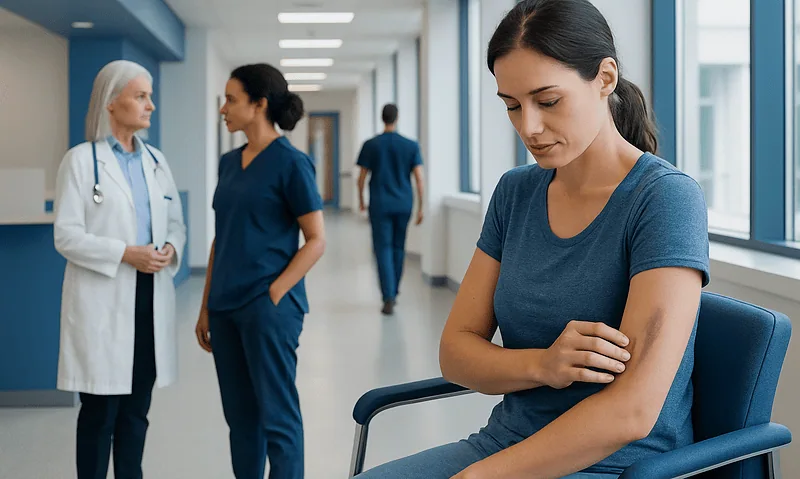 Bruise from a scratch: Symptoms, Causes, and Treatment — Complete Patient Guide 8 Young woman with a bruise on her arm in a hospital corridor.