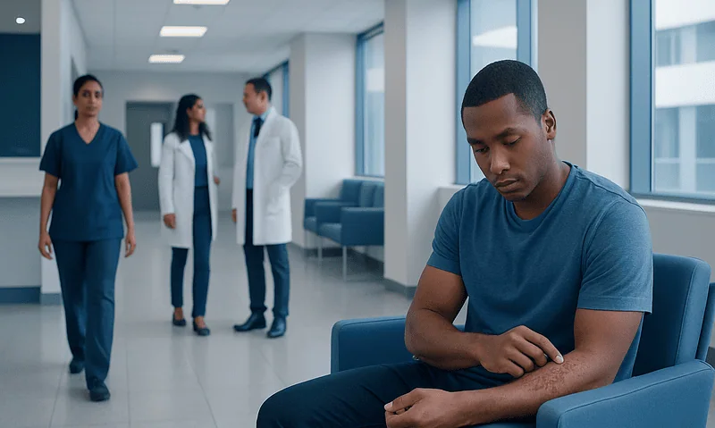 Young man with arm rash in hospital waiting area.