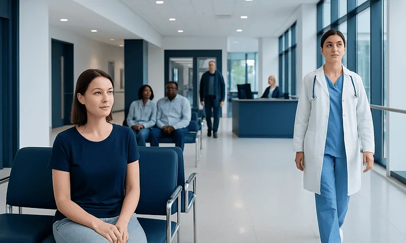 Healthcare professionals and patients in a modern hospital waiting area.