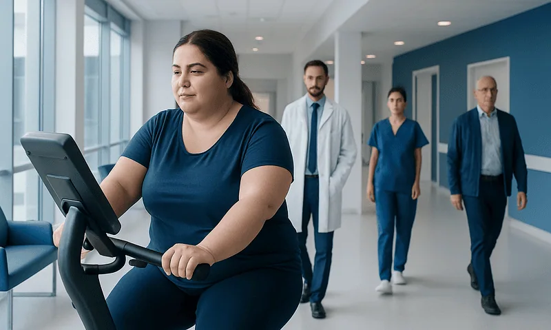 Woman exercising on stationary bike at Acibadem Hospital.