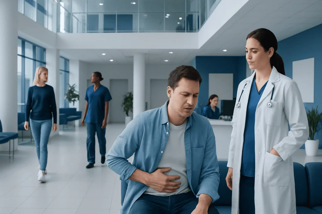 Can You Have a Stomach Bug Without Being Sick? A Doctor-Reviewed Answer 1 Patient experiencing stomach pain in hospital lobby with medical staff nearby.