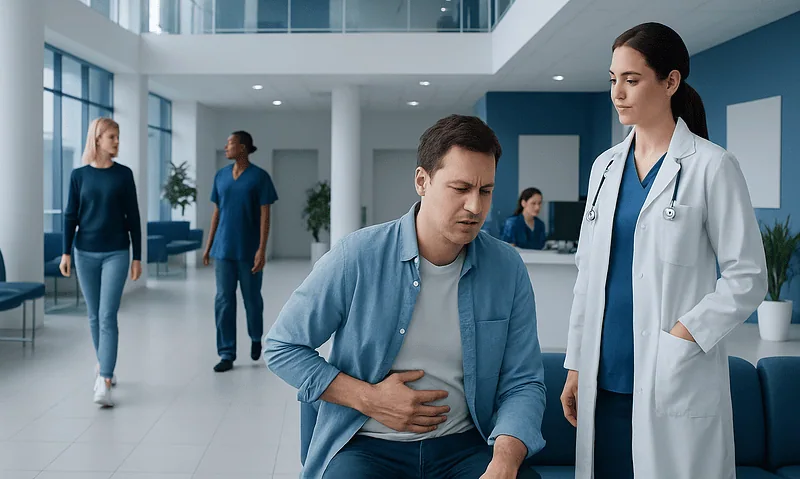 Patient experiencing stomach pain in hospital lobby with medical staff nearby.