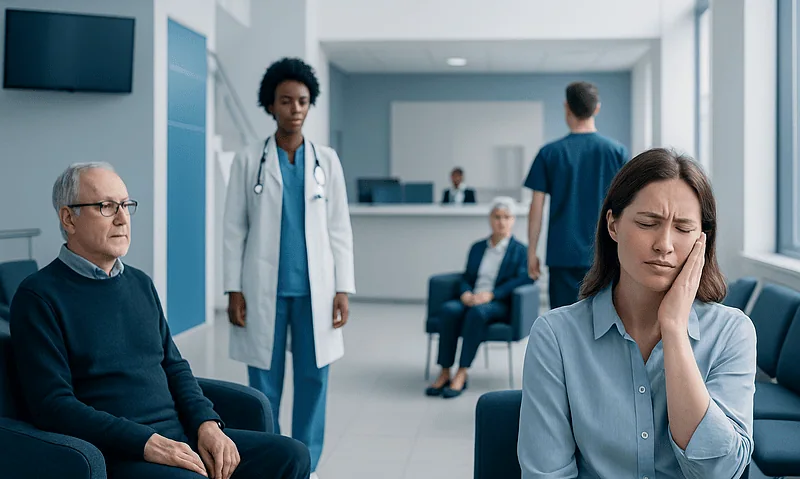 Can Toothache Cause Head Pain? Here Is What the Evidence Says 15 Patient experiencing head pain in a hospital waiting area.