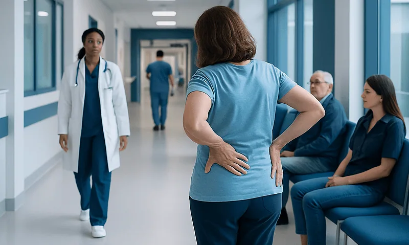Patient with back pain consulting in hospital corridor.