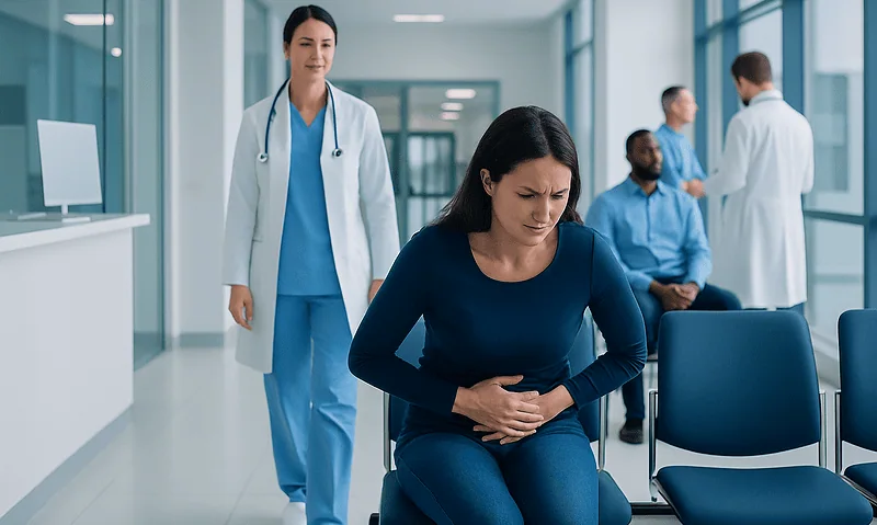 Woman experiencing stomach pain in a hospital waiting area with medical staff nearby.