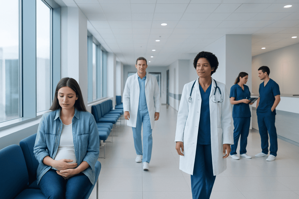 Does a UTI Affect Period? Causes, Explanations, and Next Steps 1 Pregnant woman waiting in hospital corridor with medical staff nearby.