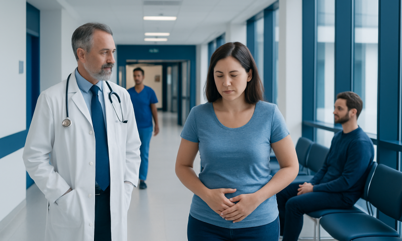 Doctor consulting a patient in a hospital corridor with other patients nearby.