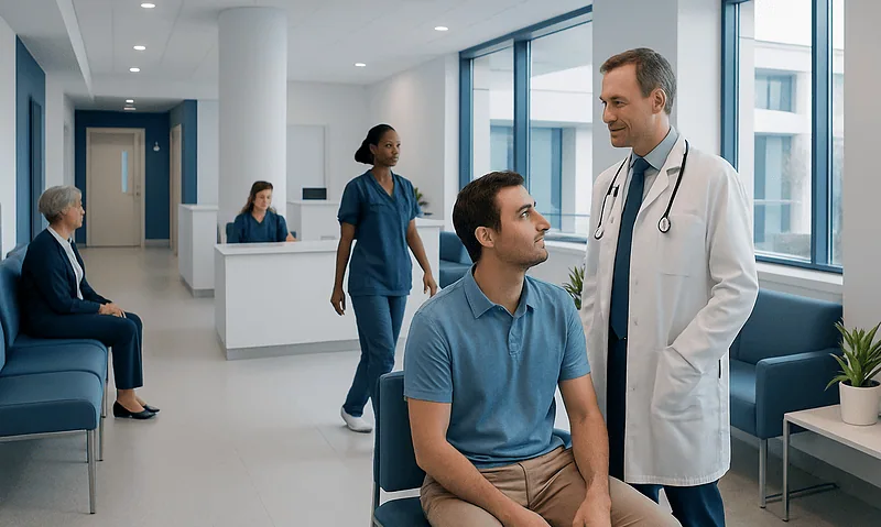Can You Reverse a Vasectomy? Causes, Explanations, and Next Steps 5 Doctor consulting male patient in modern hospital waiting area.