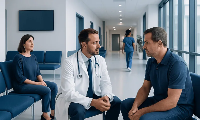 Doctor consulting with male patient in hospital corridor.