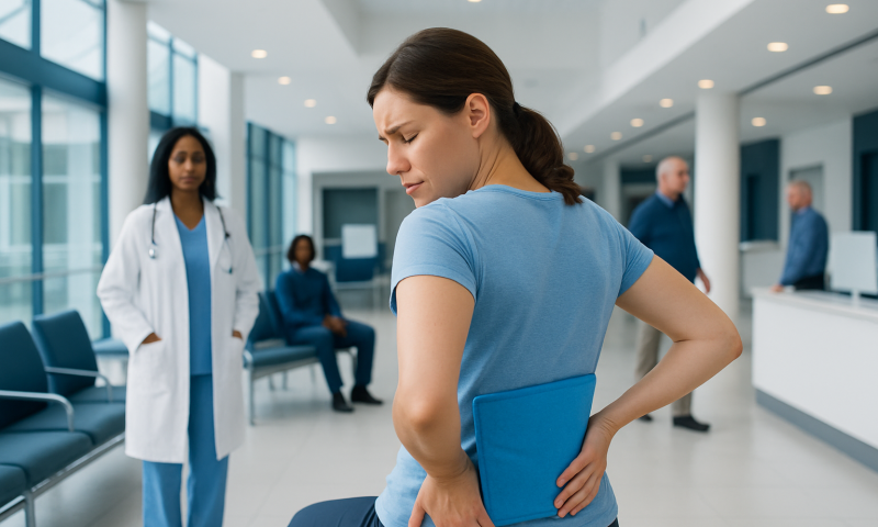 Woman with back pain holding her lower back in a hospital waiting area.