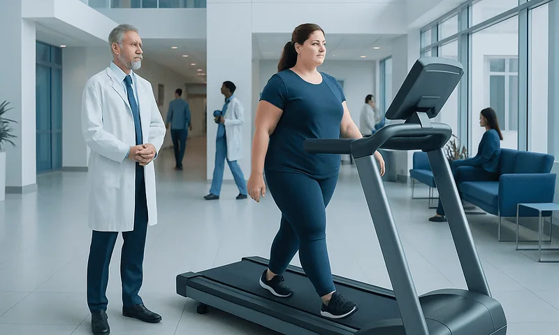 Woman walking on a treadmill in a modern hospital lobby.