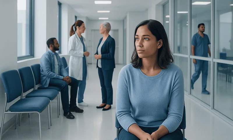 Woman waiting in a hospital corridor with medical staff and patients in the background.