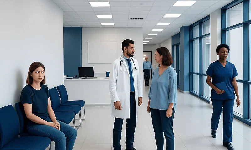 Doctor consulting with a patient in a hospital corridor.