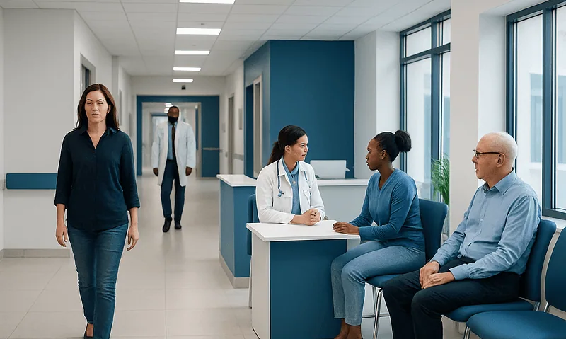 Medical consultation in a modern hospital corridor with diverse patients and staff.