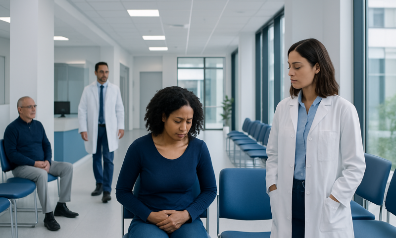 Doctor consulting a patient in a hospital corridor with other patients nearby.