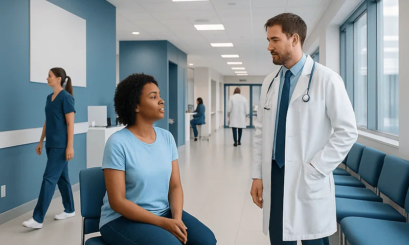 Doctor talking to a patient in a hospital corridor.