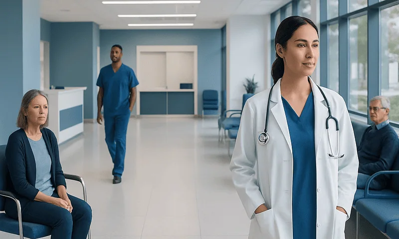 Healthcare professionals and patients in a modern hospital waiting area.