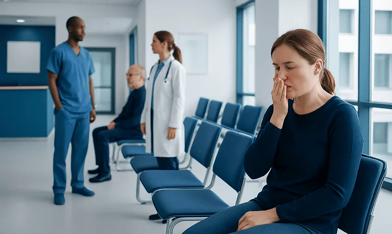 Patient experiencing allergy symptoms in a hospital waiting area.