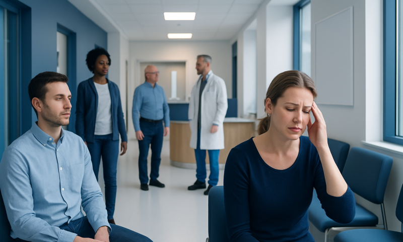 Woman experiencing headache in a hospital waiting area with medical staff nearby.