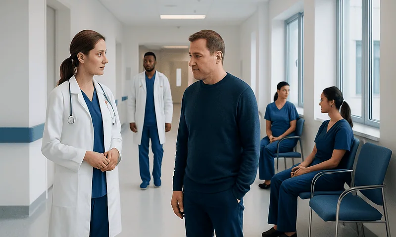 Doctor talking to patient in hospital corridor with nurses sitting nearby.