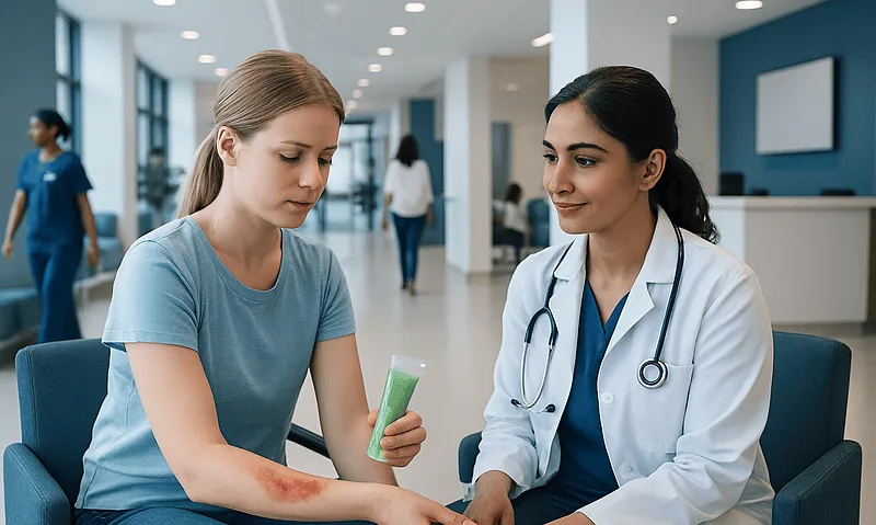 Doctor applying antiseptic to patient's arm in hospital setting.