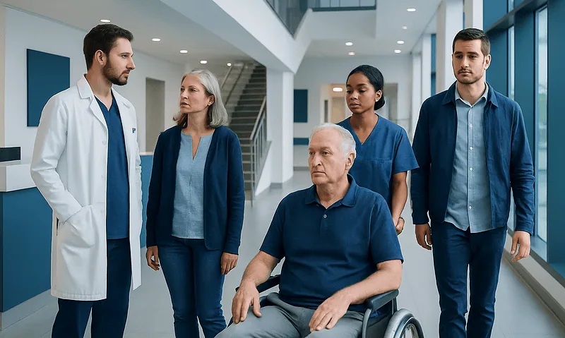Medical team consulting with a patient in a hospital corridor.