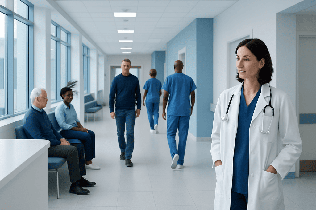How to Prevent ALS? Here Is What the Evidence Says 1 Healthcare professionals and patients in a modern hospital corridor.
